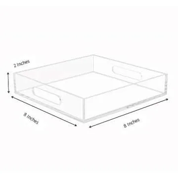 KEVLANG Clear Sturdy Acrylic Tray with Handles-8"x8"x2"H-Countertop Organizer Tray for Kitchen,Bathr...