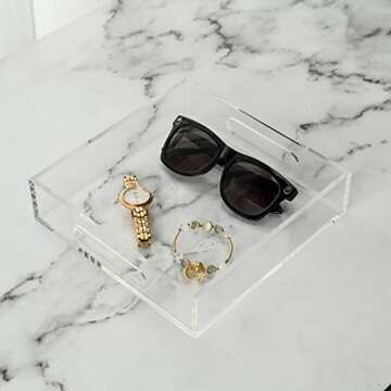 KEVLANG Clear Sturdy Acrylic Tray with Handles-8"x8"x2"H-Countertop Organizer Tray for Kitchen,Bathroom,Office- Storage Box for Cosmetics, Jewelry,Toiletries,Toy,Gadgets