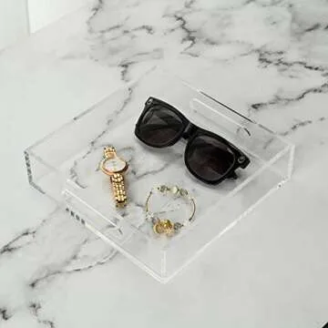 KEVLANG Clear Sturdy Acrylic Tray with Handles-8"x8"x2"H-Countertop Organizer Tray for Kitchen,Bathroom,Office- Storage Box for Cosmetics, Jewelry,Toiletries,Toy,Gadgets