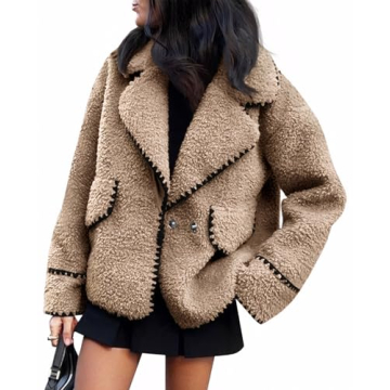 Cicy Bell Womens Sherpa Fleece Jacket Casual Collar V Neck Fuzzy Coats Contrast Trims Open Front Win...