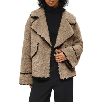 Cicy Bell Womens Sherpa Fleece Jacket Casual Collar V Neck Fuzzy Coats Contrast Trims Open Front Winter Outwear