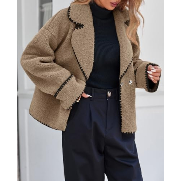 Cicy Bell Womens Sherpa Fleece Jacket Casual Collar V Neck Fuzzy Coats Contrast Trims Open Front Winter Outwear