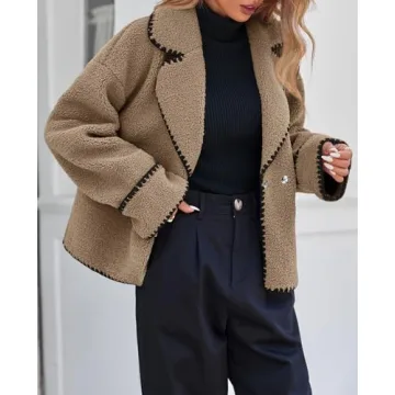 Cicy Bell Womens Sherpa Fleece Jacket Casual Collar V Neck Fuzzy Coats Contrast Trims Open Front Winter Outwear