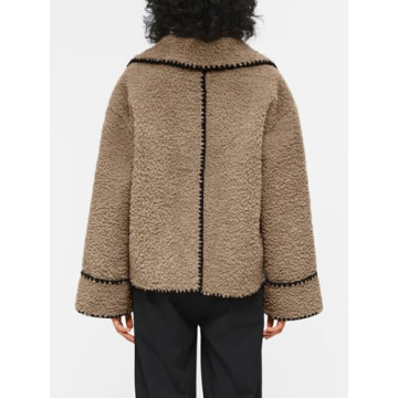 Cicy Bell Womens Sherpa Fleece Jacket Casual Collar V Neck Fuzzy Coats Contrast Trims Open Front Winter Outwear