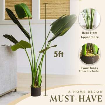FOREVER LEAF 5 Feet Bird of Paradise Artificial Plant, Includes Black Planter, Realistic Banana Shaped Leaves, Large Faux Floor Plants for Living Room, Perfect Silk Plants for Home Decor Indoor