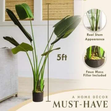 FOREVER LEAF 5 Feet Bird of Paradise Artificial Plant, Includes Black Planter, Realistic Banana Shaped Leaves, Large Faux Floor Plants for Living Room, Perfect Silk Plants for Home Decor Indoor
