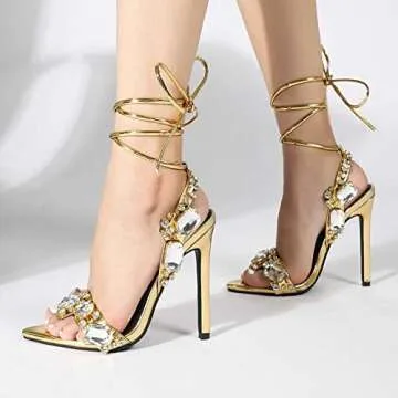Kluolandi Women's Strappy Stiletto Heels with Crystal Lace Up Gladiator Sexy Open Toe High Heeled Sandals Gold Heels for Women Size 10