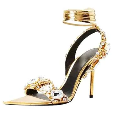 Kluolandi Women's Strappy Stiletto Heels with Crystal Lace Up Gladiator Sexy Open Toe High Heeled Sandals Gold Heels for Women Size 10
