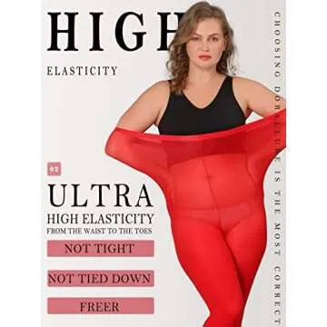 DORALLURE Oversize Plus Size Tights for Women Solid Color Soft Footed Red High Waist Pantyhose for women