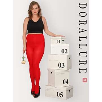 DORALLURE Oversize Plus Size Tights for Women Solid Color Soft Footed Red High Waist Pantyhose for women