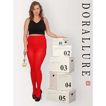 DORALLURE Oversize Plus Size Tights for Women Solid Color Soft Footed Red High Waist Pantyhose for women