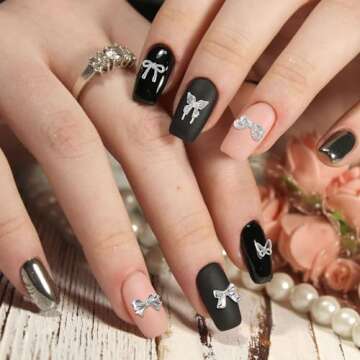 HINZIC 60PCS Bow Nail Charm 3D Silver Nail Bows 6 Styles Mini Alloy Bowknot Diamonds Butterfly Gems ...