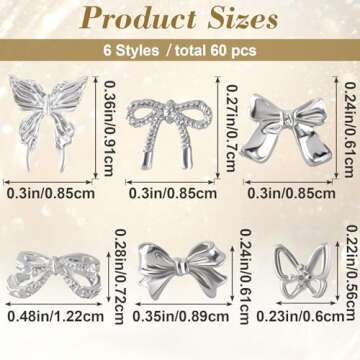 HINZIC 60PCS Bow Nail Charm 3D Silver Nail Bows 6 Styles Mini Alloy Bowknot Diamonds Butterfly Gems Valentines Wedding Prom Crystal Rhinestones Decoration for Women Girls Crafts DIY