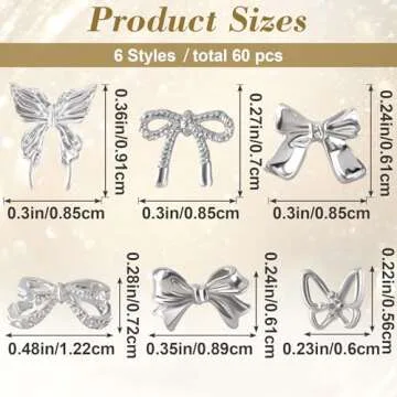 HINZIC 60PCS Bow Nail Charm 3D Silver Nail Bows 6 Styles Mini Alloy Bowknot Diamonds Butterfly Gems Valentines Wedding Prom Crystal Rhinestones Decoration for Women Girls Crafts DIY