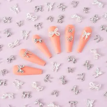 HINZIC 60PCS Bow Nail Charm 3D Silver Nail Bows 6 Styles Mini Alloy Bowknot Diamonds Butterfly Gems Valentines Wedding Prom Crystal Rhinestones Decoration for Women Girls Crafts DIY