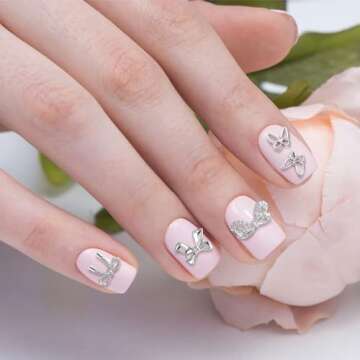 HINZIC 60PCS Bow Nail Charm 3D Silver Nail Bows 6 Styles Mini Alloy Bowknot Diamonds Butterfly Gems Valentines Wedding Prom Crystal Rhinestones Decoration for Women Girls Crafts DIY