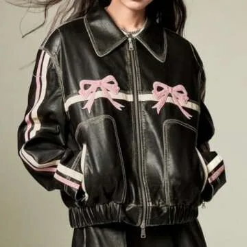 Hesaco Y2k Leather Jacket Bowknot Bowtie Graphic Motorcycle Jacket Womens Vintage Crop Oversized Gru...