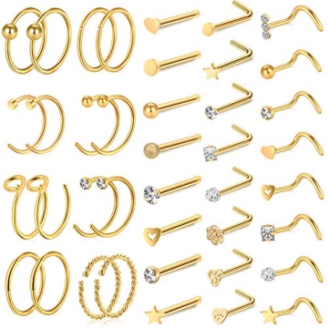 ONESING 40 PCS 20G Nose Rings/Nose Piercings Jewelry, Gold, Hoops L Shape Studs Screw 316L Surgical ...