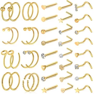 ONESING 40 PCS 20G Nose Rings/Nose Piercings Jewelry, Gold, Hoops L Shape Studs Screw 316L Surgical ...
