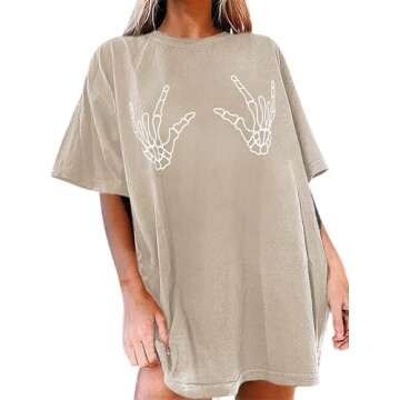 Avanova Women's Skull Graphic Print Oversized Tee Short Sleeve Casual Summer Loose T Shirt Khaki Sma...