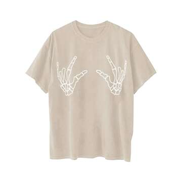 Avanova Women's Skull Graphic Print Oversized Tee Short Sleeve Casual Summer Loose T Shirt Khaki Small