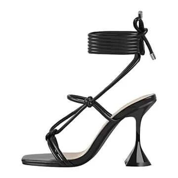 MissHeel Tie Up Heels Black Sexy Strappy Sandals Heels Square Toe Lace up Heels Chunky Sandles for Women Dressy Heels Gladiator High Heels Party Dancing Size 7