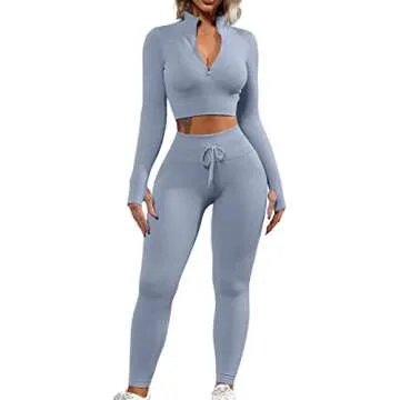 QINSEN Workout Shirts For Women Long Sleeve Zipper Front Yoga Crop Tops + High Waist Leggings GMY Fitted Outfits Grey S