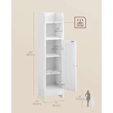 VASAGLE Small Bathroom Storage Corner Floor Cabinet with Door and Shelves, Bathroom Storage Organizer, Narrow Bathroom Toilet Paper Storage Cabinet, Adjustable Shelves, White UBBC310W01