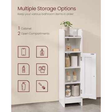 VASAGLE Small Bathroom Storage Corner Floor Cabinet with Door and Shelves, Bathroom Storage Organizer, Narrow Bathroom Toilet Paper Storage Cabinet, Adjustable Shelves, White UBBC310W01