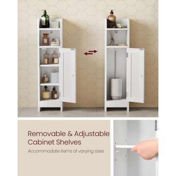 VASAGLE Small Bathroom Storage Corner Floor Cabinet with Door and Shelves, Bathroom Storage Organizer, Narrow Bathroom Toilet Paper Storage Cabinet, Adjustable Shelves, White UBBC310W01