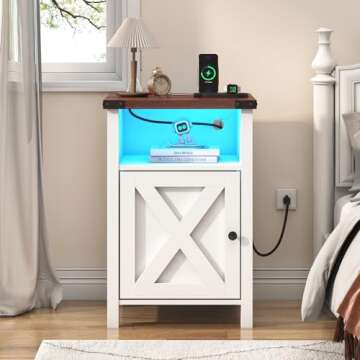 Hlivelood Farmhouse Nightstand Set of 2, LED End Tables Living Room Set of 2 with Charging Station, ...