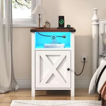 Hlivelood Farmhouse Nightstand Set of 2, LED End Tables Living Room Set of 2 with Charging Station, ...