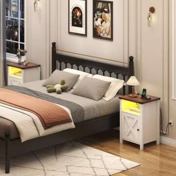 Hlivelood Farmhouse Nightstand Set of 2, LED End Tables Living Room Set of 2 with Charging Station, Barn Door & Storage Shelf, Rustic Bedside Table for Bedroom, White