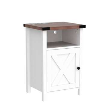 Hlivelood Farmhouse Nightstand Set of 2, LED End Tables Living Room Set of 2 with Charging Station, Barn Door & Storage Shelf, Rustic Bedside Table for Bedroom, White