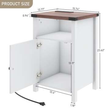 Hlivelood Farmhouse Nightstand Set of 2, LED End Tables Living Room Set of 2 with Charging Station, Barn Door & Storage Shelf, Rustic Bedside Table for Bedroom, White