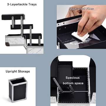 Joligrace Makeup Train Case Cosmetic Box 10 Inches Jewelry Organizer Professional 3 Tiers Tackle Compartments Trays with Mirror and Brush Holder Lockable Key Portable Travel Marble White