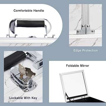 Joligrace Makeup Train Case Cosmetic Box 10 Inches Jewelry Organizer Professional 3 Tiers Tackle Compartments Trays with Mirror and Brush Holder Lockable Key Portable Travel Marble White