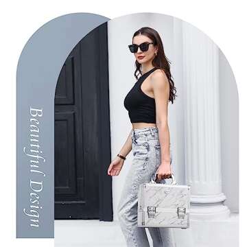 Joligrace Makeup Train Case Cosmetic Box 10 Inches Jewelry Organizer Professional 3 Tiers Tackle Compartments Trays with Mirror and Brush Holder Lockable Key Portable Travel Marble White