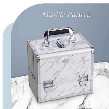 Joligrace Makeup Train Case Cosmetic Box 10 Inches Jewelry Organizer Professional 3 Tiers Tackle Compartments Trays with Mirror and Brush Holder Lockable Key Portable Travel Marble White
