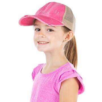 Funky Junque Kids Ponytail Trucker Hat Girls Messy Bun Criss Cross Mesh Baseball Cap Adjustable Pink Washed