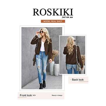 ROSKIKI Womens Faux Suede Soft Long Sleeve Moto Biker Coat Jacket Outwear Brown M