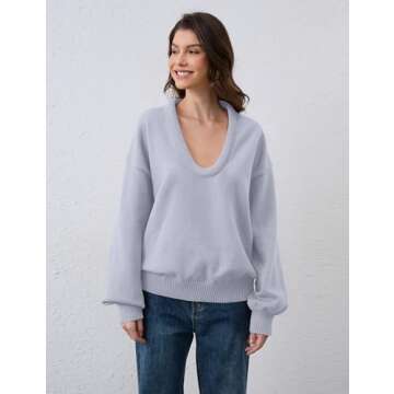 ICOBID Women's Oversized U Neck Pullover Sweater Long Sleeve Knitted Sweater Chunky Trendy Fall Wint...