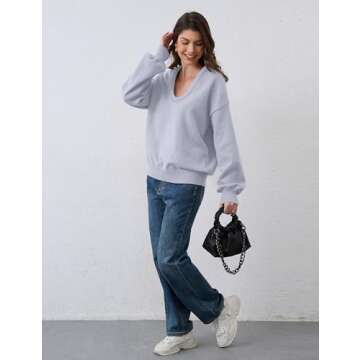ICOBID Women's Oversized U Neck Pullover Sweater Long Sleeve Knitted Sweater Chunky Trendy Fall Winter Sweater Tops Light Grey