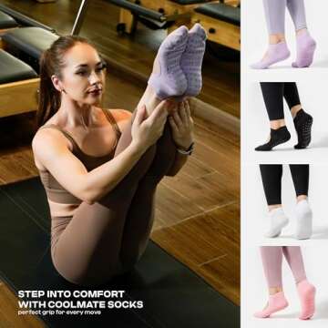 COOLMATE Pilates Socks with Grips - Non-Slip Yoga Socks for Women (4 Pairs)