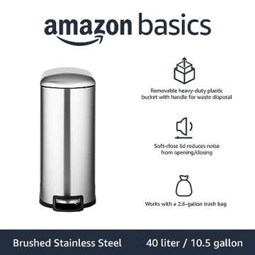Amazon Basics Smudge Resistant D-Shaped Trash Can With Soft-Close Foot Pedal For Narrow Spaces, 40 L...