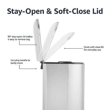 Amazon Basics Smudge Resistant D-Shaped Trash Can With Soft-Close Foot Pedal For Narrow Spaces, 40 Liter/10.5 Gallon, Brushed Stainless Steel
