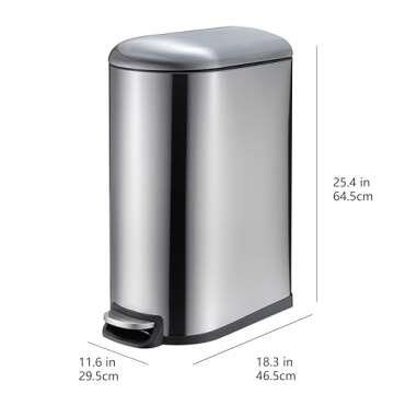 Amazon Basics Smudge Resistant D-Shaped Trash Can With Soft-Close Foot Pedal For Narrow Spaces, 40 Liter/10.5 Gallon, Brushed Stainless Steel