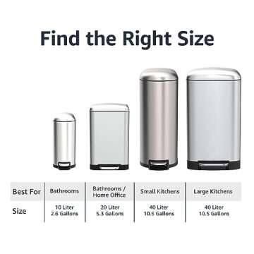 Amazon Basics Smudge Resistant D-Shaped Trash Can With Soft-Close Foot Pedal For Narrow Spaces, 40 Liter/10.5 Gallon, Brushed Stainless Steel