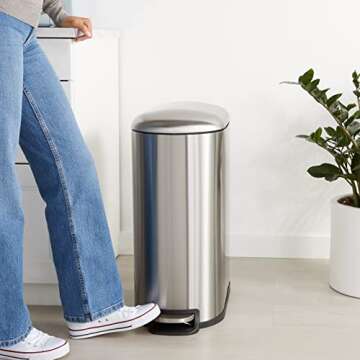 Amazon Basics Smudge Resistant D-Shaped Trash Can With Soft-Close Foot Pedal For Narrow Spaces, 40 Liter/10.5 Gallon, Brushed Stainless Steel