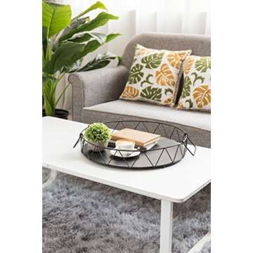 MyGift 19 Inch Round Modern Matte Black Metal Decorative Serving Tray, Coffee Table Centerpiece Base with Triangular Openwork Wire Pattern Frame and Handles